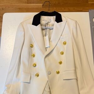 Veronica Beard White Double-Breasted Blazer with Black Collar & Gold Buttons